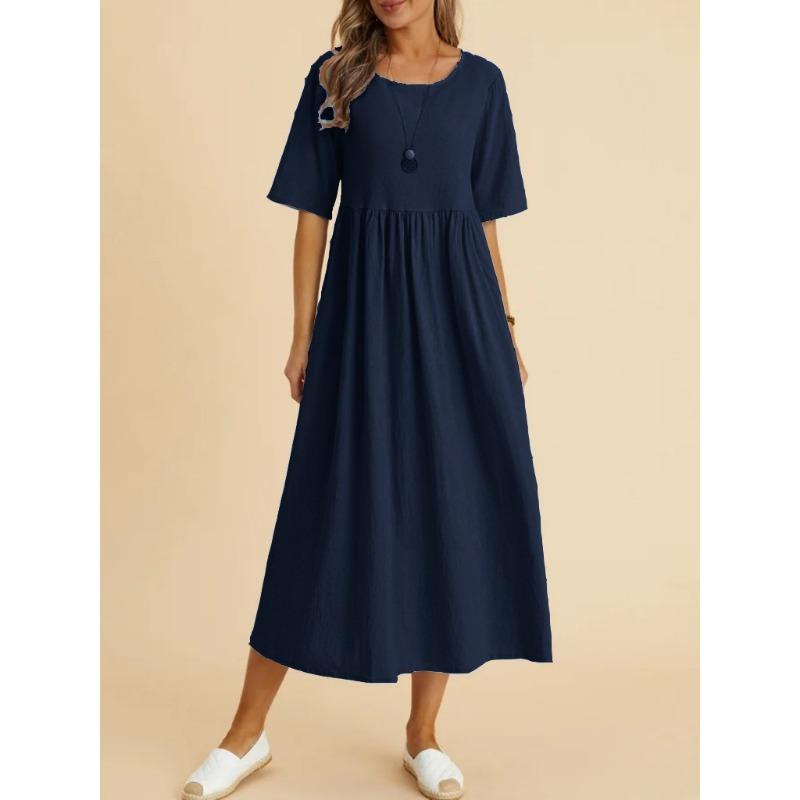 YYFS Женская мода лето весна однотонный принт с рукавами 1/2 и круглым вырезом с высокой талией повседневные платья