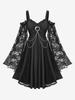 Rosegal Plus Size Ruched Heart Buckle Ruffles Cold Shoulder Floral Lace Flare Sleeves Dress