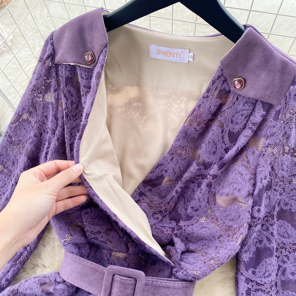 Новые женские фиолетовые кружевные рождественские вечерние платья с v-образным вырезом, винтажное платье до середины икры с длинным рукавом и поясом