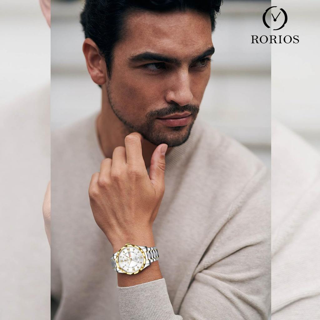 RORIOS Date Quartz Christmas Gold White A Men's Watch, Multifunctional, Display, Watch, Luminous, Lightweight, Waterproof, Work, Commuting, Stylish,