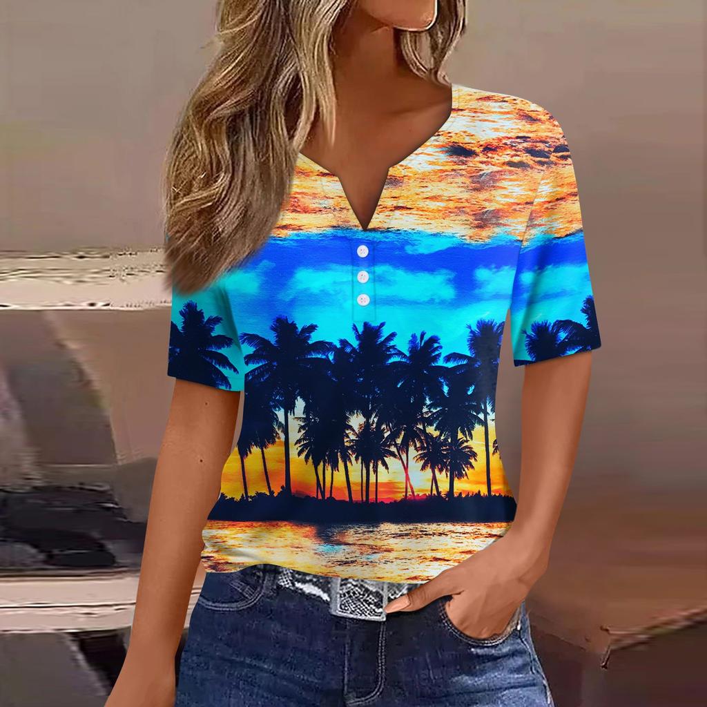 Women's T Shirt Print Button Short Sleeve Daily Weekend Fashion Basic V- Neck Regular Top