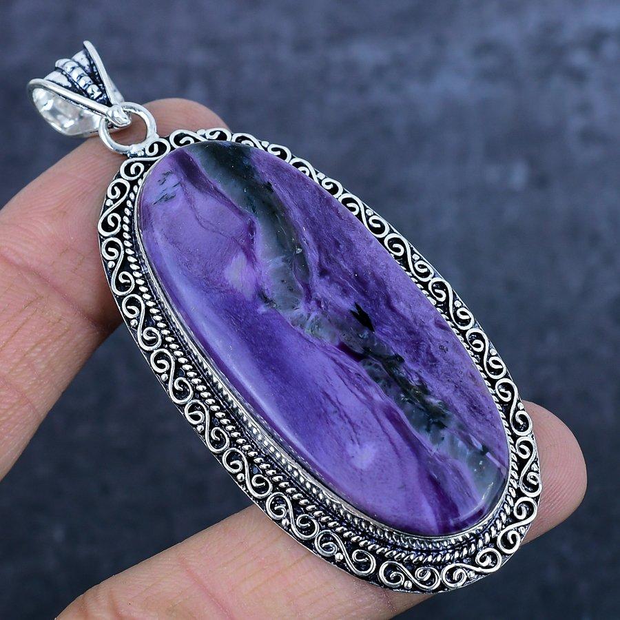 Russian Charoite Gemstone 925 Sterling Silver Jewelry Pendant 3.19"