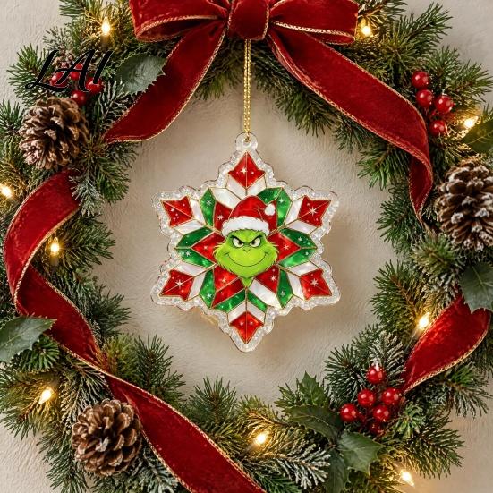 Stained Glass Style Decor Green Elf Christmas Ornament 2D Acrylic Red Bell Tree Candy Cane Gift Box Shaped Double Sided Hanging Decoration