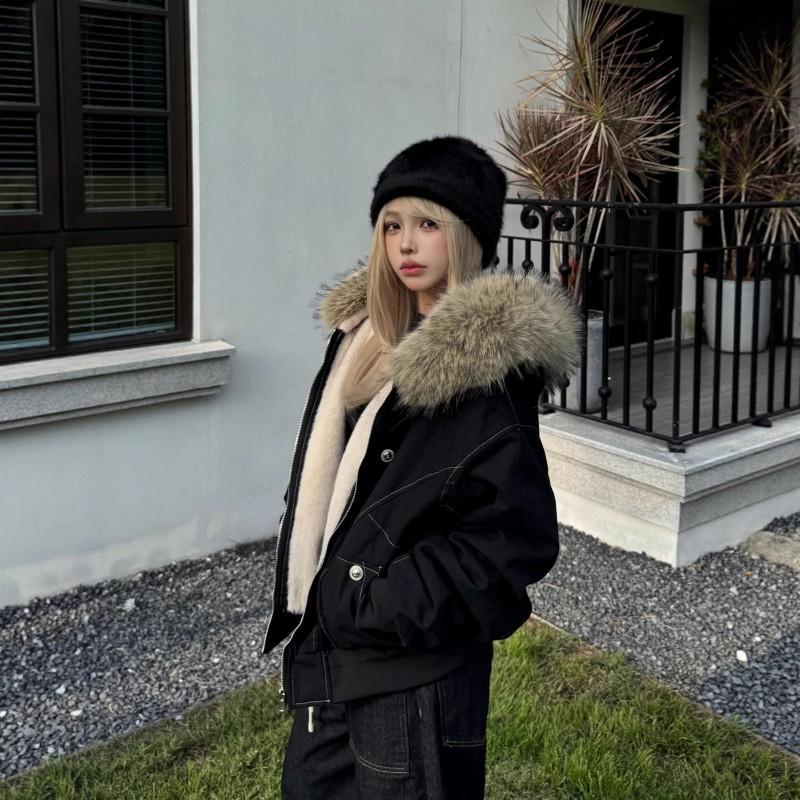 Womens Vintage Black Parka Winter Fleece Lined Short Jacket Streetwear