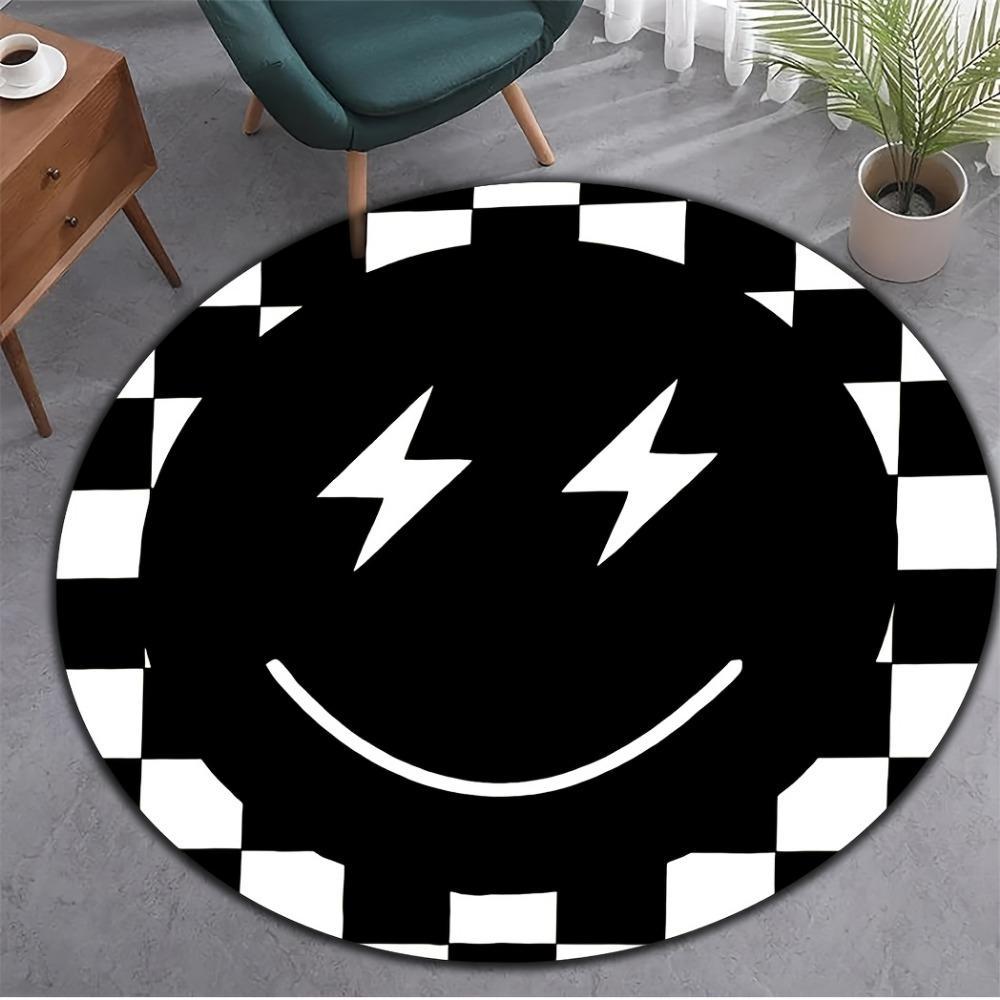 Checkboard Black and White Round Area Rug, Smile Face Lightning Non-Slip Floor Mat, Decorative Carpet for Living Room Bedroom