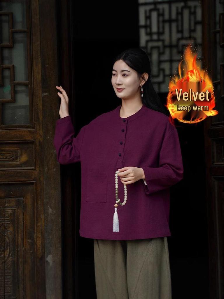 Women's Retro Chinese Style Patchwork Top: Cotton Linen with Fleece, Stand Collar, and Frog Button