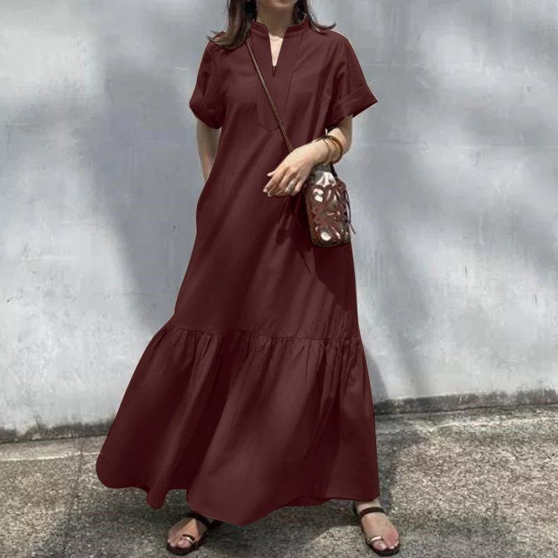 2025 Весна/Лето Европейская и Американская Мода Новое Женское Длинное Платье-Русалка А-силуэта с Воротником-стойкой, Короткой Рукавой и V-образным вырезом, Свободное