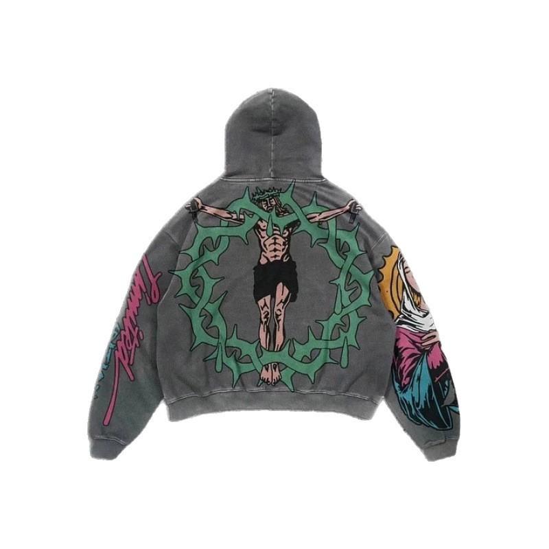 Vintage Wash Hooded Sweatshirt Loose Fit Back Graphic Print Streetwear Men Women
