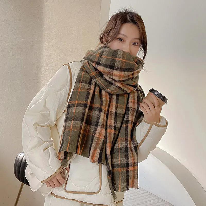 WTEMPO Women Autumn Winter Outdoor Long Plaid Scarf Ladies Windproof Cold-proof Versatile Casual Warm Retro Scarf