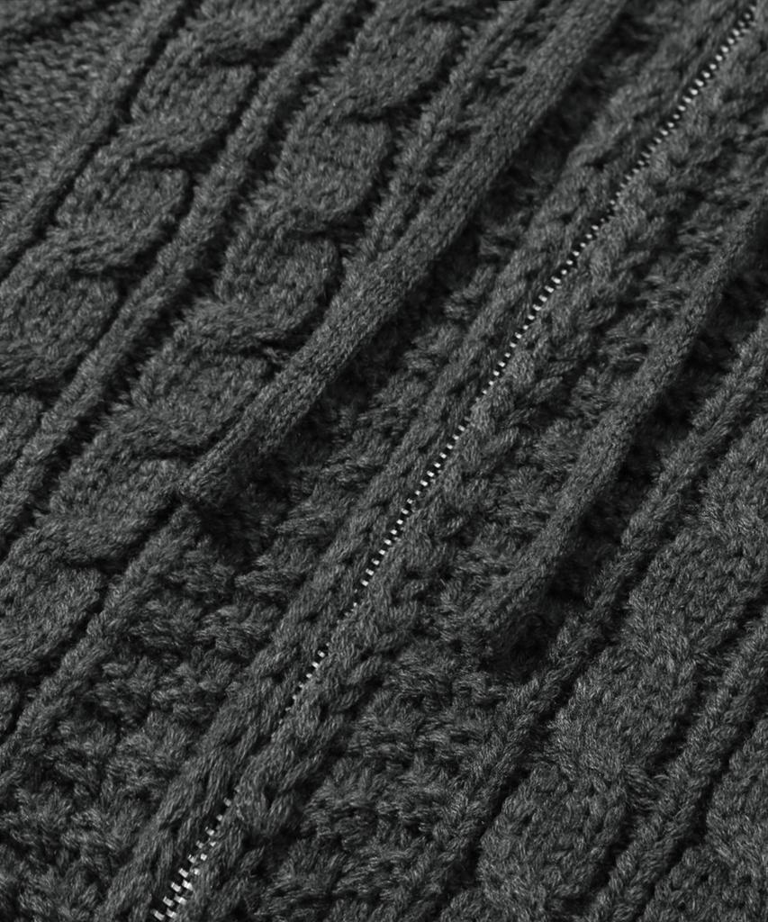 TRILLION Washable Aran Cable Hooded Zip-Up Knit (Charcoal)
