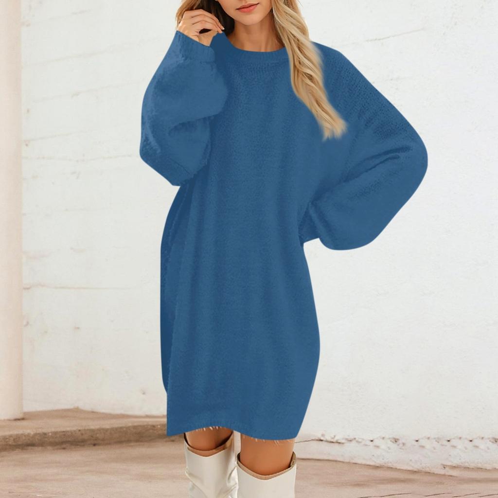 Women's Round Neck Casual Long Sleeve Plush Solid Color Dresses
