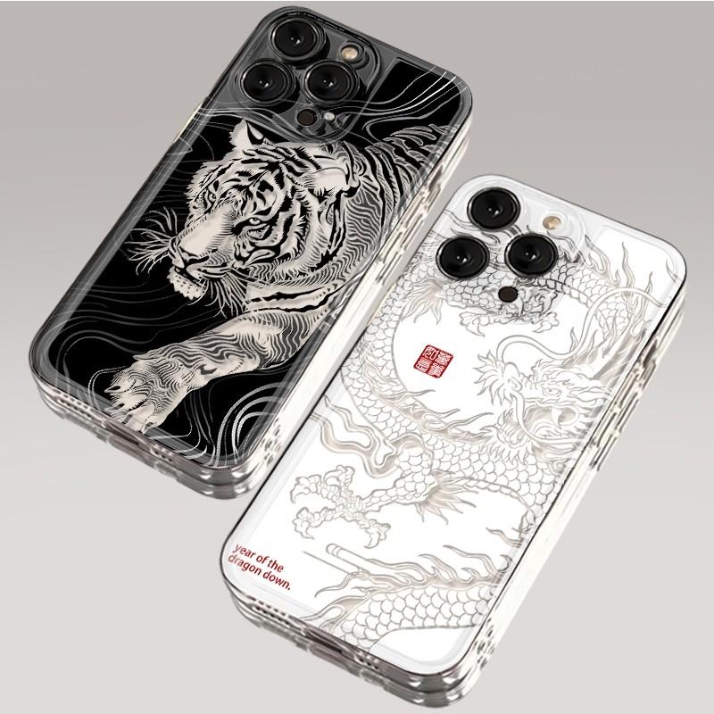 Модный полый чехол для iPhone с изображением тигра и дракона для iPhone 17 16 15 14 13 12 11 Pro Max XR XS Max 7 8 Plus Mini INS Прозрачная крышка