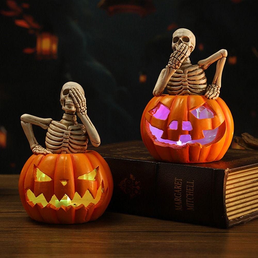 Glowing Design Halloween Skeleton Figurine Resin Craft LED Pumpkin Skull Light Outdoor Yard