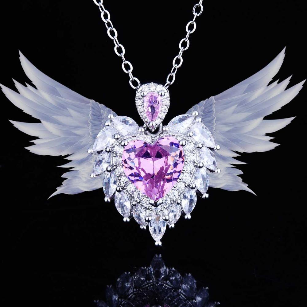 Angel Wing Pendant Necklace with Simulated Aquamarine Heart Wing Jewelry Design for Women