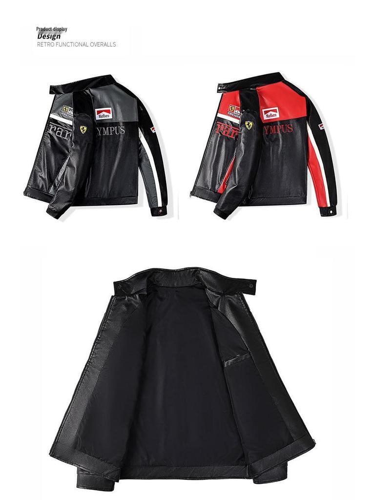 Мужская мотоциклетная гоночная куртка из ПУ-кожи с бархатной подкладкой - Уличная одежда в американском стиле