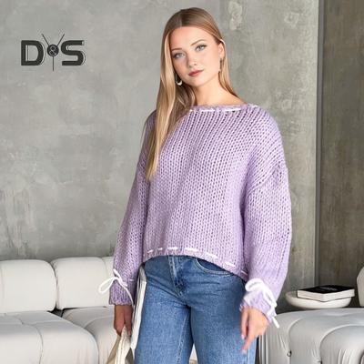 Женский свитер с круглым вырезом и длинным рукавом, трикотажные топы, однотонные, со шнуровкой и бантом, свободный крой, эластичный трикотаж