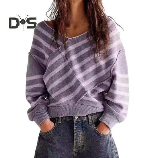 Женский свитер с длинным рукавом, полосатый, цветной, трикотажный свитер с V-образным вырезом, свободный пуловер, джемпер, топы, повседневная одежда