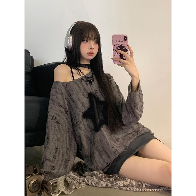 Футболка с дырками Женская мода Звездный принт Y2k Эстетика Свободные футболки Рваная футболка Harajuku Готическая уличная одежда