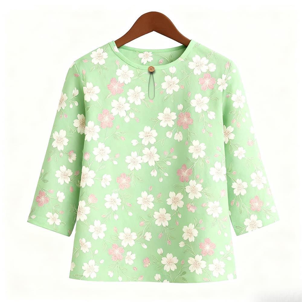 Casual Blouse, Vintage Style, For Women, Floral Print, O Neck, Three Tribal Sleeves, Elegant Loose Top, Made of Elastic Hem