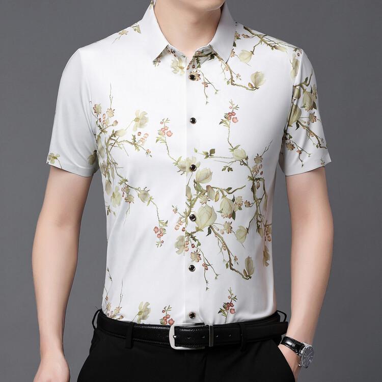 Рубашка мужская с короткими рукавами, летняя одежда, средний возраст, шелк льда, напечатанный, тонкая свободная рубашка с короткими рукавами, мужской кардиган с принтом, топ