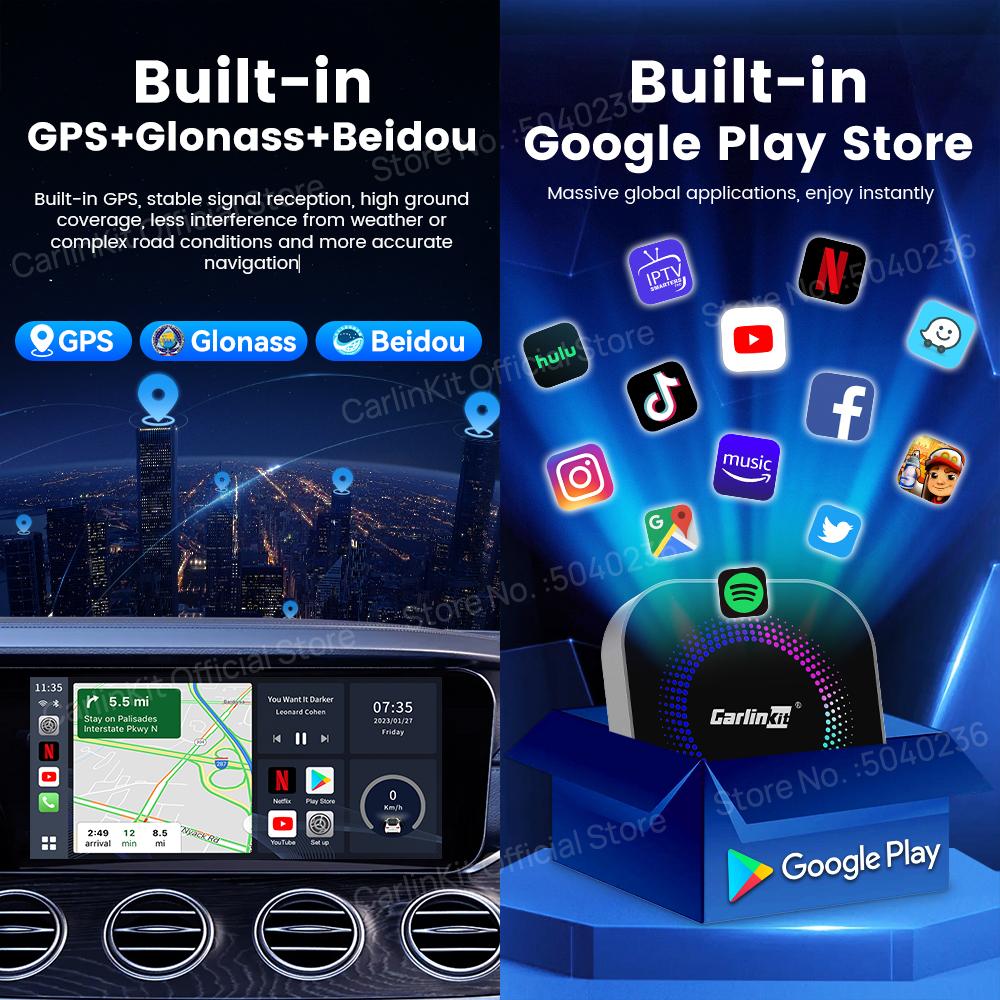 CarlinKit S2F Беспроводной адаптер CarPlay Android Auto Android 13 CarPlay AI Box Поддержка Netflix Play Store 3-в-1 Автомобильная смарт-ТВ приставка