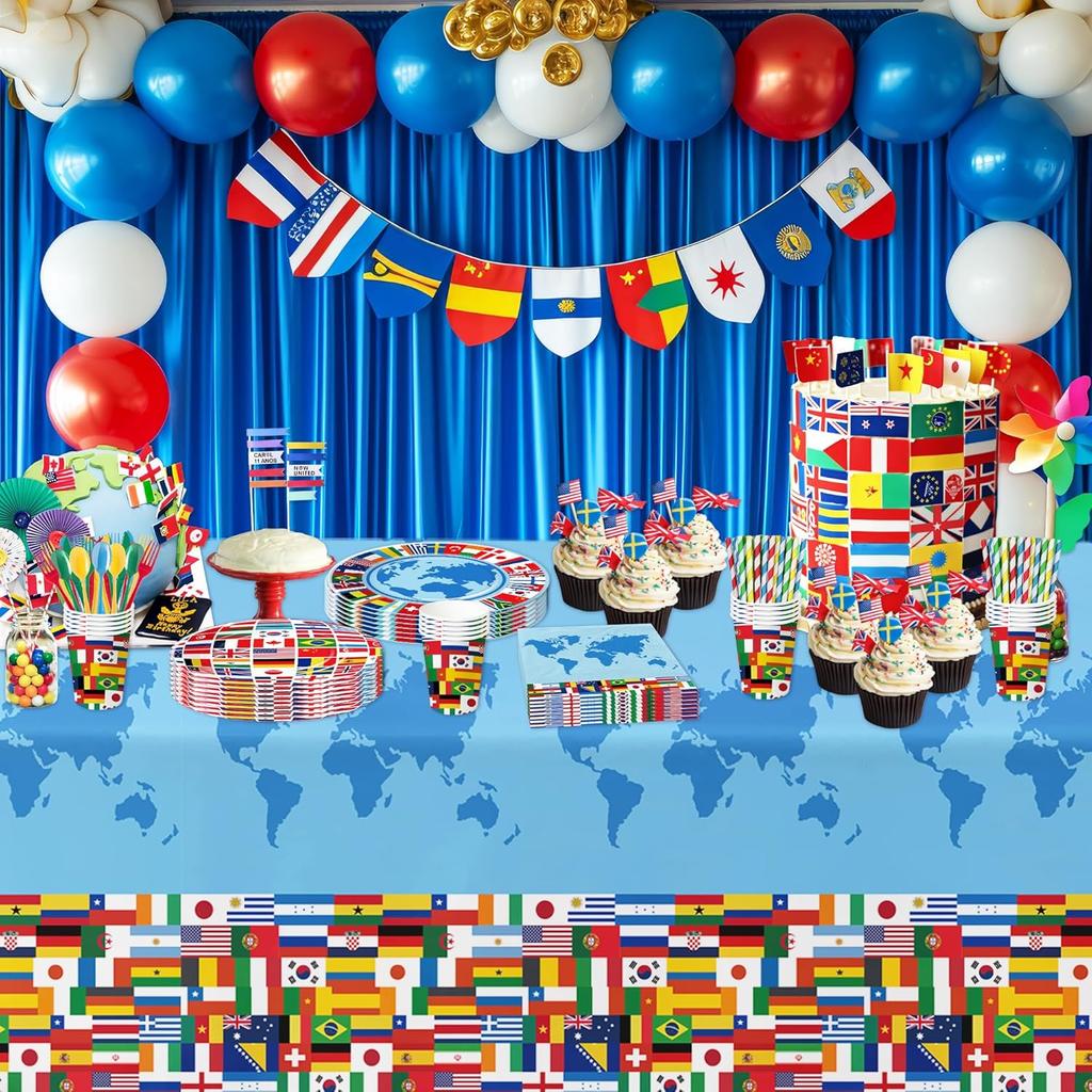 APOWBLS International World Flags Decorations Tablecloth - Disposable Olympic Party Decorations Supplies Table Cover, Travel Trip Around The World