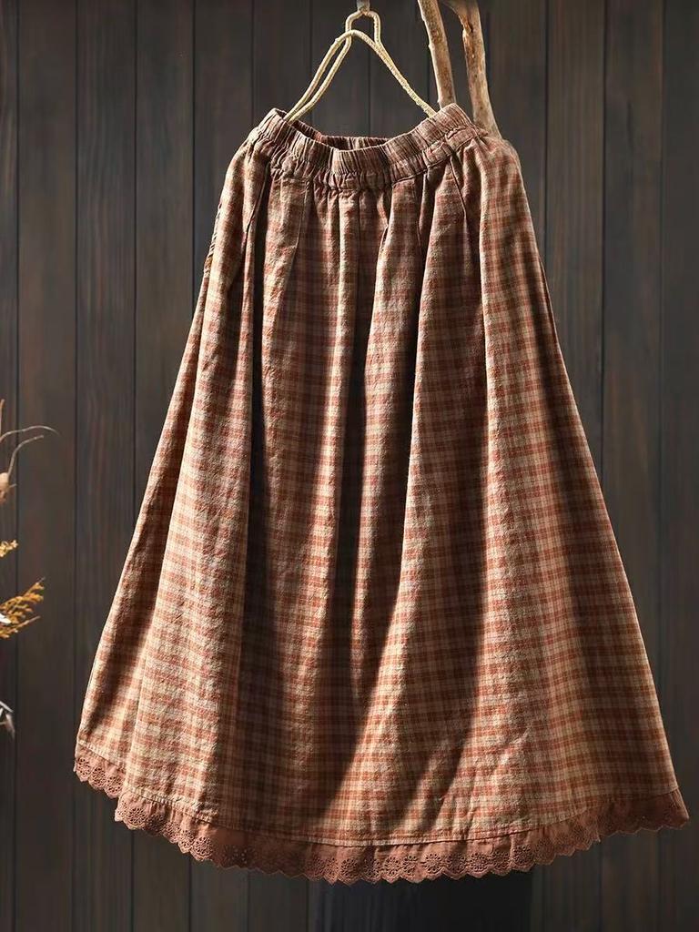 Johnature Женские клетчатые юбки Эластичная талия Пэчворк Кружево Летние Женские Повседневные Мягкие Юбки