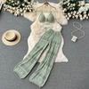 Women Summer Knitted Set Halter Short Tops+ Hollow Wide Leg Long Pants Sets Shell Beach Sexy Backless Two Piece Suits