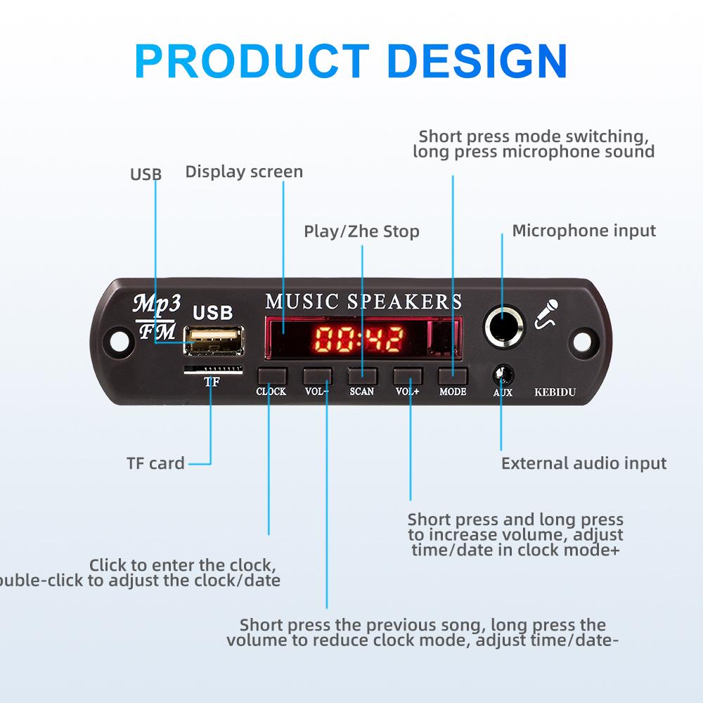 DC 12V 20V Bluetooth 5.3 MP3 Decoder Board Hands-free Car Audio Microphone Clock Display USB TF FM Radio Mp3 Music Player Speaker with Remote Control