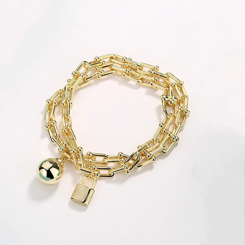 New Woman S925 Sterling Silver Hip Hop Rock U-shaped Lock, Ball Pendant Bracelet Luxury Brand Jewelry Couple Holiday Gift Co