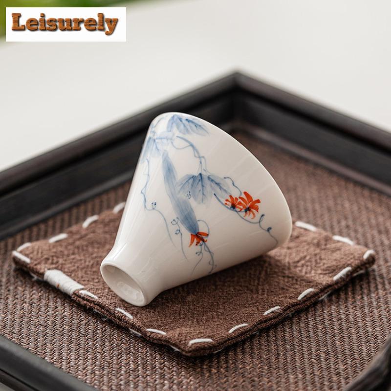 2pc/set Hand-painted Loofah Teacup Dehua White Porcelain Bamboo Hat Cup Master Single Cup Chazhan Kung Fu Teaset Drinking 50ml