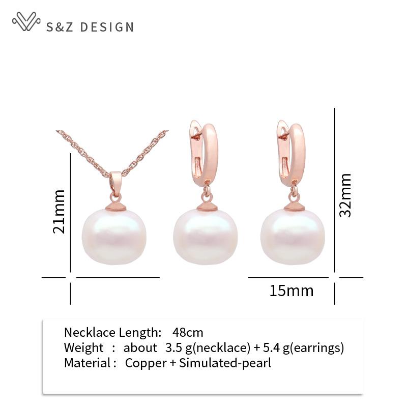 Fashion Round Rectangle Simulated-pearl Bead Drop Earrings Jewelry Sets For Women Rose Gold Color Necklace