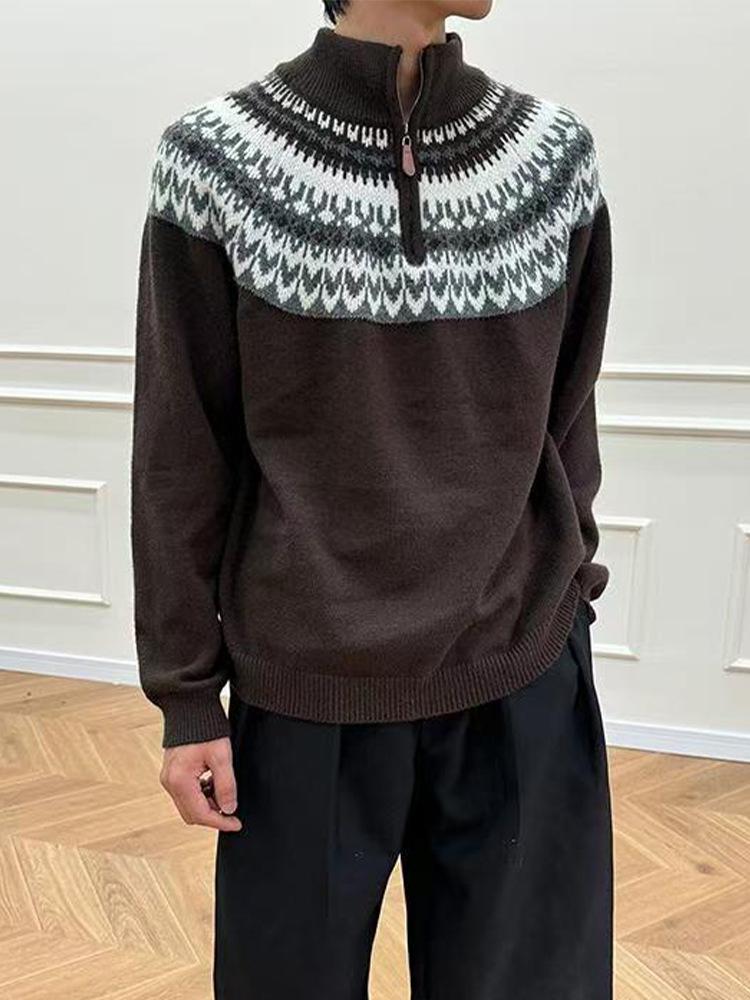 Men's Fair Isle Jacquard Half-Zip Knit Sweater, Autumn/Winter High-Neck Retro Style, Perfect for Couples