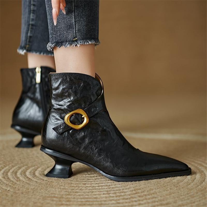 Fashion New Autumn Winter Women Boot Shoes for Women Pointed Toe Short Boots Fashion Boots Genuine Leather Boots Handmade High Heels