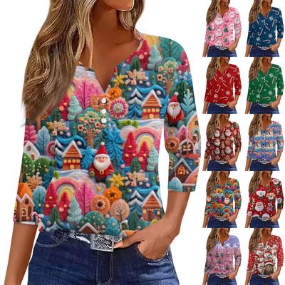 Женская модная повседневная рождественская блузка с V-образным вырезом и рукавом три четверти, украшенная пуговицами