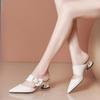 Fashion New 4cm Women Slippers High Heels Elegant Dress Shoes Pointed Toe Slipper White Wedding Shoes Bridal String Bead Slides Summer