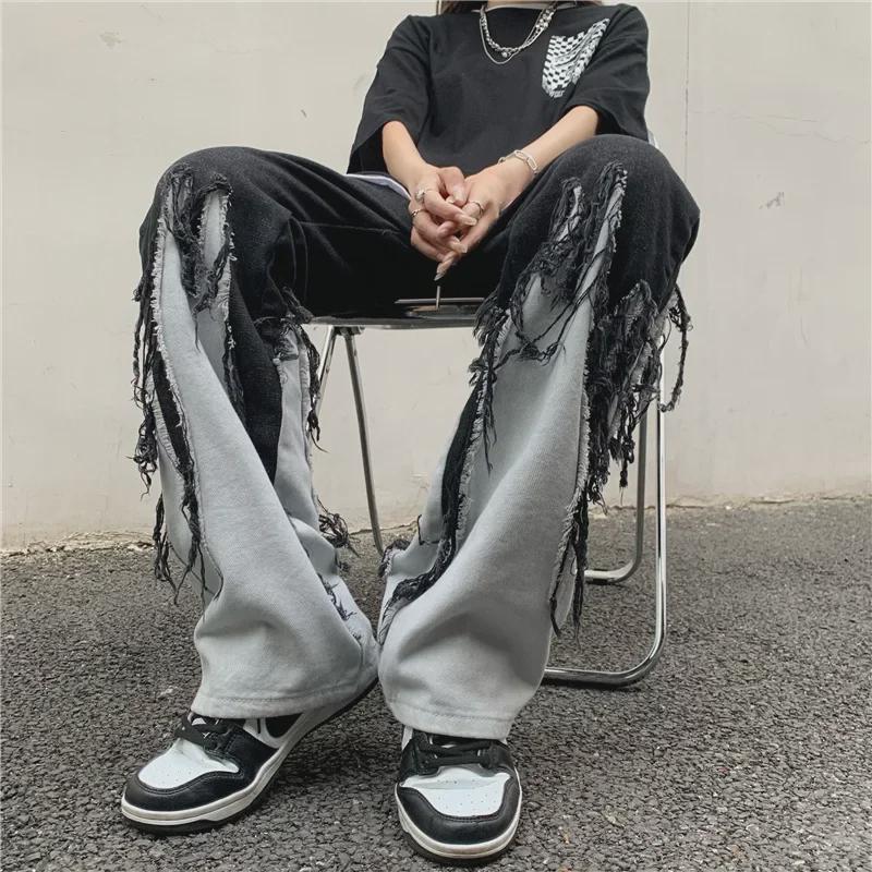 Американские хип-хоп-хай-стрит свободные широкие черные панк-джинсы с необработанными краями и потертостями