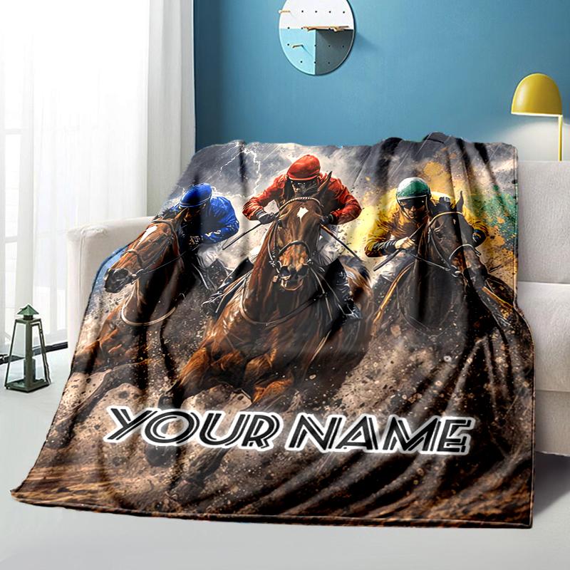 1PC Custom Name Horses Adventure flannel blanket versatile,all-season throw suitable for the living room,bedroom,camping,travel,and gift