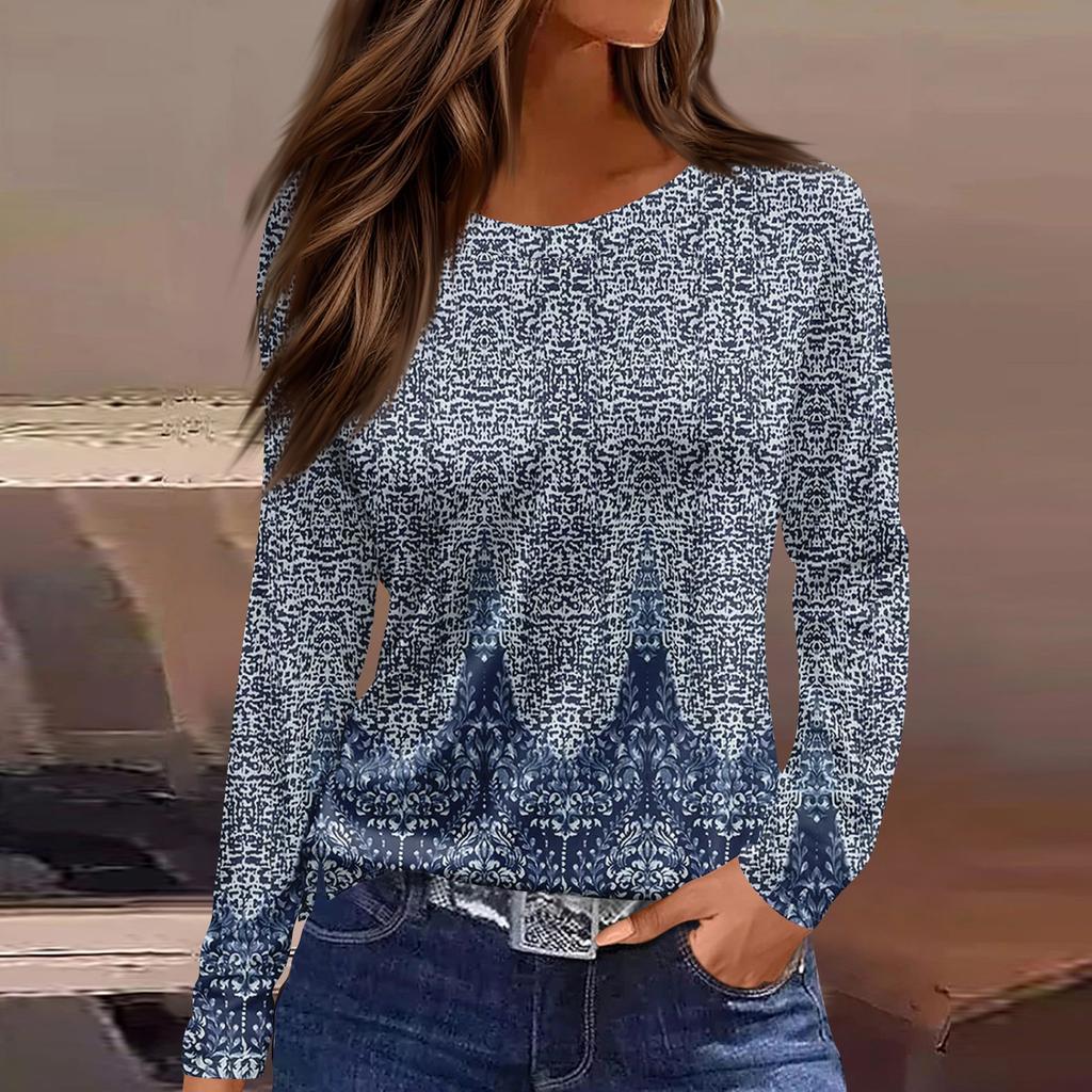 Женская модная повседневная свободная футболка с принтом и круглым вырезом с разрезом и длинным рукавом, женский топ