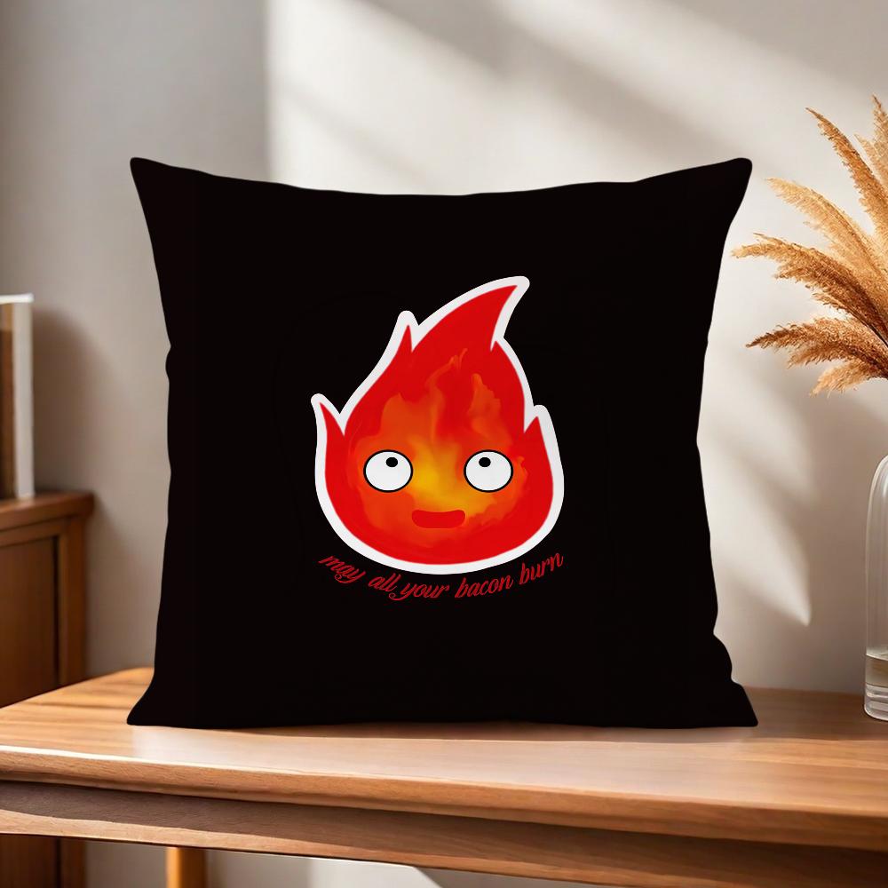 Cushion Cover Comfortable Soft Pillow Cartoon Case for Sofa Living Room Home Office Cute Decor C-Calcifer and Protective Covers