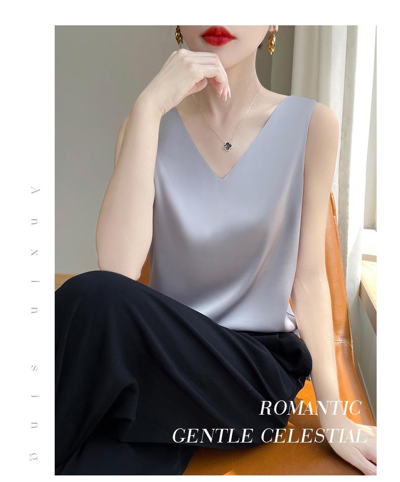 Versatile Women's Satin Camisole: Front V, Round Back, Sleeveless, Wide Straps—perfect Under a Suit, Silky Finish with an Elegant Back.