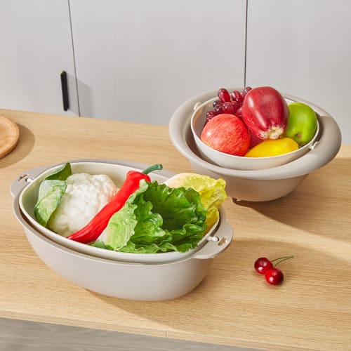 VECELO Colander and Bowl Set, 36.4cm Wide x 24.2cm Deep x 11cm High, Two-Layer, Shallow Vegetable Drainer, Strainer, Tabletop Drainer, Vegetable Strai