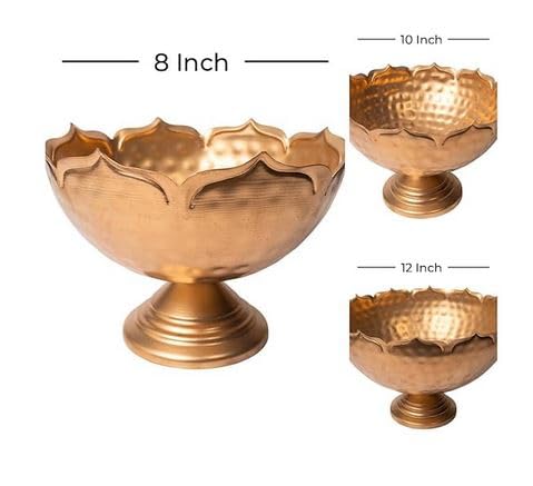 Crown Bowl Hammered Urli Stand with Floating Flower Diya For Home Decor & Festival Decor Urli Show Piece - 9 Pieces Combo
