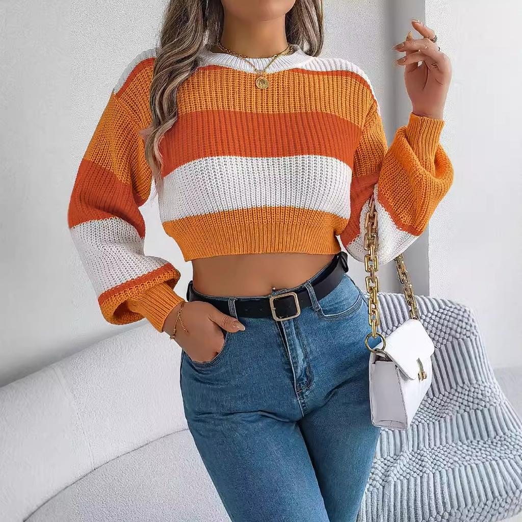 HNXC Autumn and Winter Casual Multi-color Lantern Sleeve Pullover Crop Top Women's Sweater
