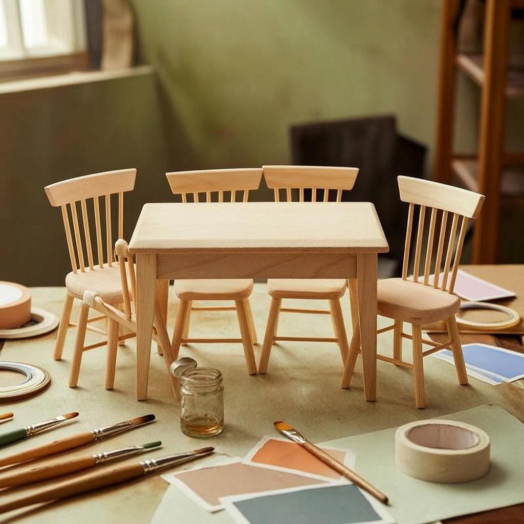 5 Штук Набор Обеденной Мебели для Кукольного Домика Стол и Стулья из Натурального Дерева Реалистичный