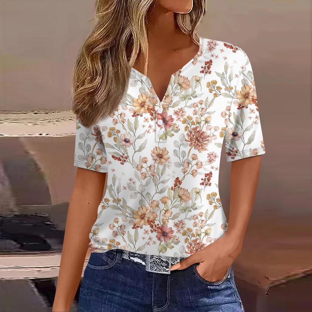 Женская повседневная футболка с v-образным вырезом и коротким рукавом с цветочным принтом и декоративными пуговицами, топ