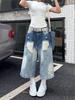 90s Plus Size American Retro Ripped Cropped Jeans Women Y2k Design Sense Shorts Loose High Waisted Straight Wide Leg Pants
