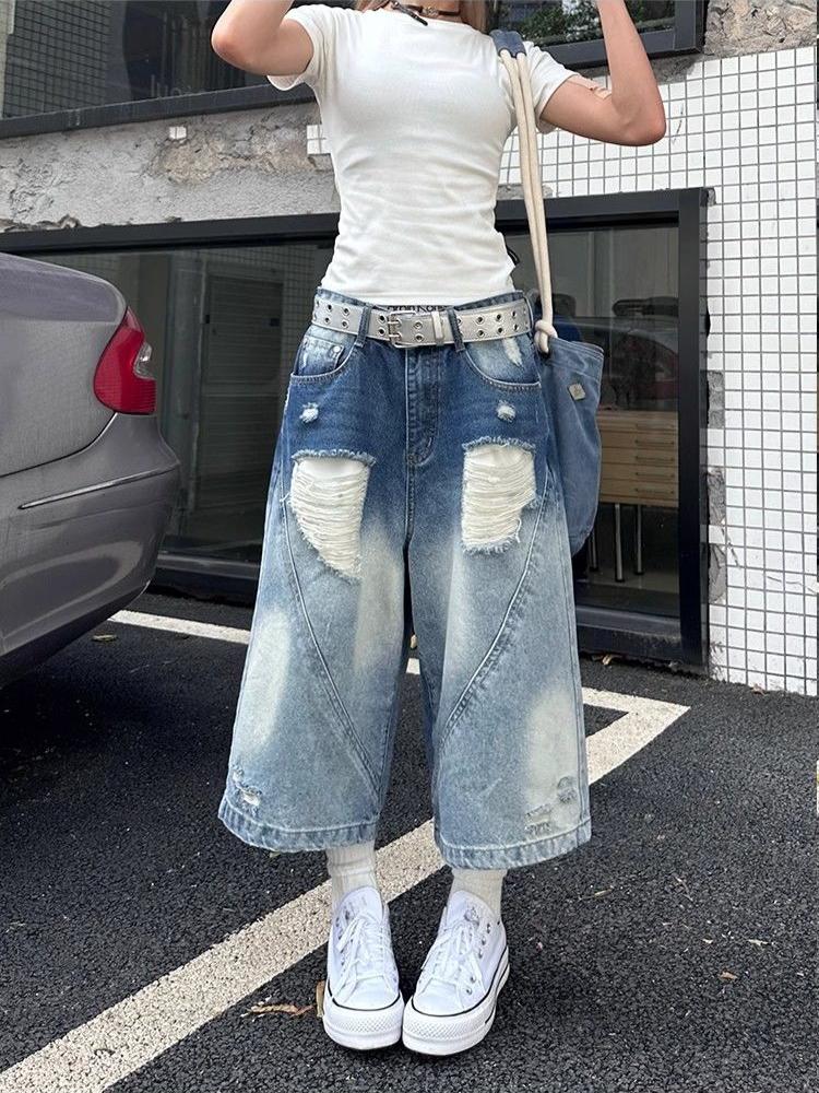 90s Plus Size American Retro Ripped Cropped Jeans Women Y2k Design Sense Shorts Loose High Waisted Straight Wide Leg Pants