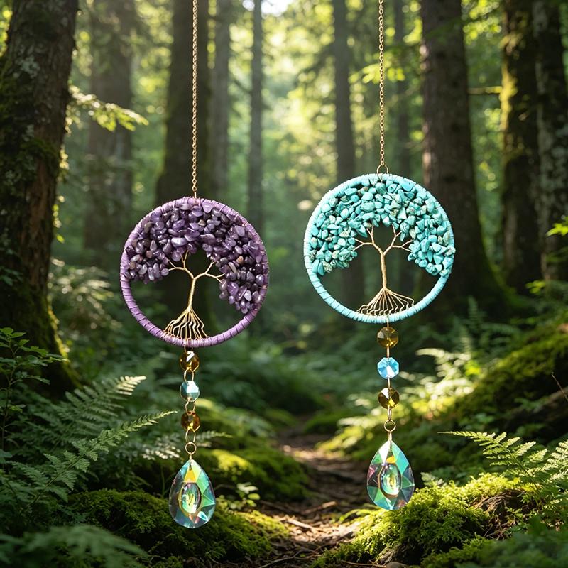 Crystal Sun Capture Crystal Stone Hanging Weaving Tree of Life Car Decoration Home Decoration