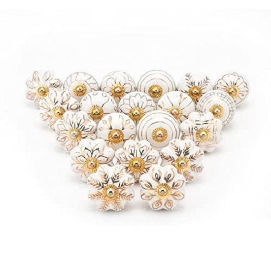 Ceramic Knobs for Drawers, Assorted Door Knob, Indian Handmade Decorative Drawer Knobs or Drawer Handles, White and Gold, Glazed Finished, Pack of 15